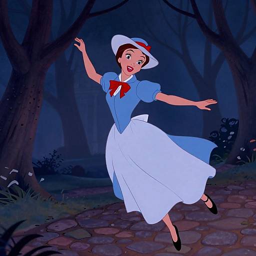 Digital cartoon of a cheerful young woman in a blue dress and white hat, dancing in a dark, moonlit forest path.