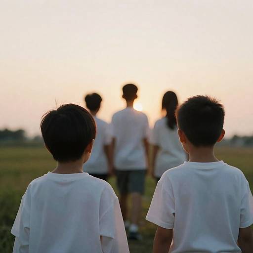 Children Walking in Field at Sunset