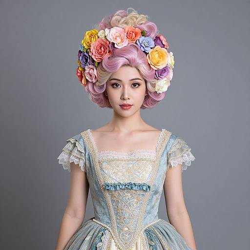Colorful Floral Wig and Ornate Dress