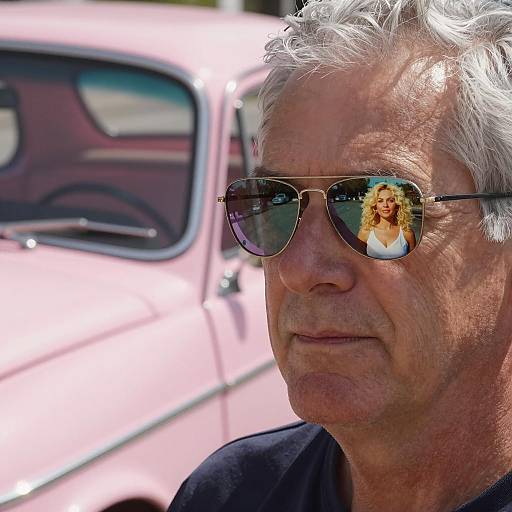Man with reflective sunglasses and vintage pink car