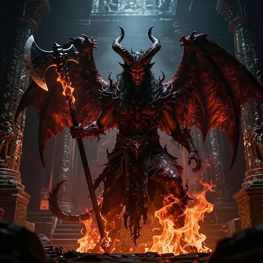 Digital artwork: Dark, demonic figure with large, fiery wings and horns stands over a blazing fire, holding a flaming axe in an ornate, go