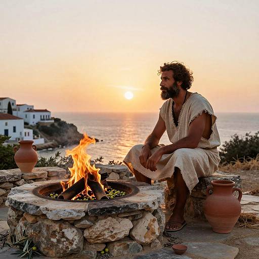 Photograph of a bearded man in ancient-style beige robe, sitting by a stone fire pit with burning flames, overlooking a sunset over a coastal village
