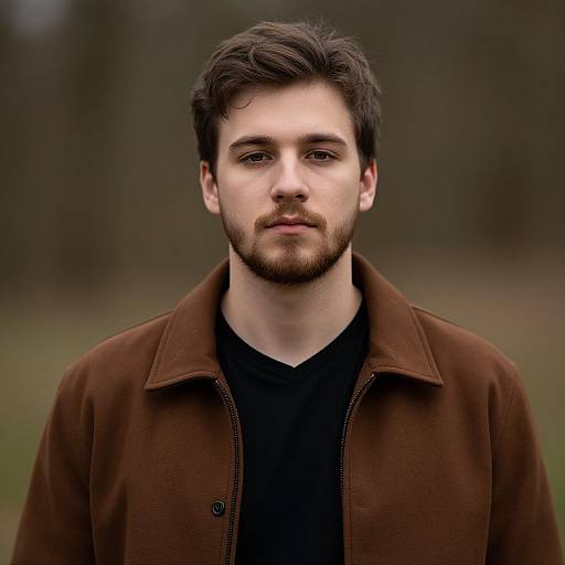 Photograph of a young, light-skinned man with dark hair and beard, wearing a brown coat over a black shirt, standing in a blurred outdoor