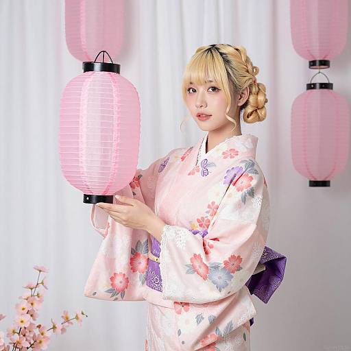 Delicate Kimono Portrait with Lantern