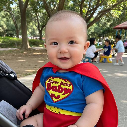 Photograph of a smiling baby with light skin, wearing a Superman costume with red cape, blue shirt, and yellow belt, sitting in a stroller