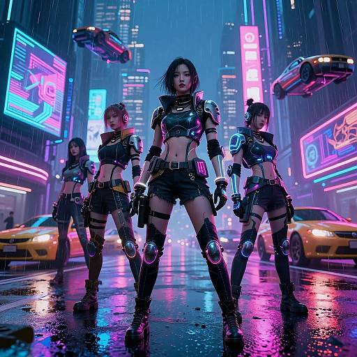 Cyberpunk city street at night, neon lights, three muscular women in futuristic black armor, wet pavement, flying cars, rain. Digital art.