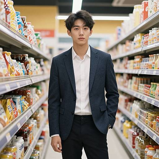 Stylish Man in Modern Grocery Aisle
