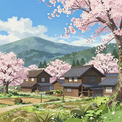 Serene Anime Village in Spring