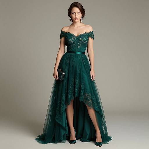 Photograph of a woman in an off-the-shoulder, dark emerald lace gown with a high-low hem and black heels, standing against a