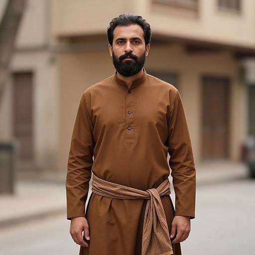 Bearded Man in Brown Outfit on Street