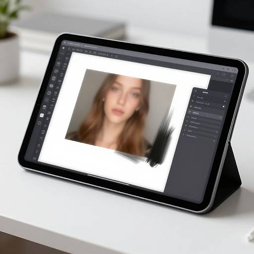 Photograph of a black tablet displaying a blurred portrait of a young woman with long brown hair on a white desk.