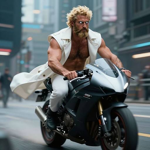 Muscular, bearded man with wild blonde hair, shirtless, in white coat riding white motorcycle through a neon-lit, bustling city street.