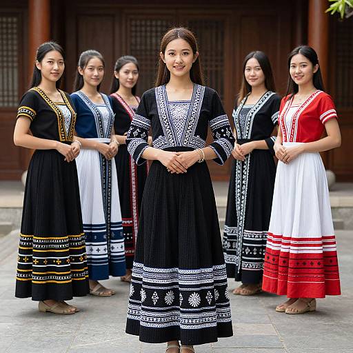 Photograph of six Asian women standing in traditional black, white, and red embroidered dresses with intricate patterns, in front of a wooden building. Central woman