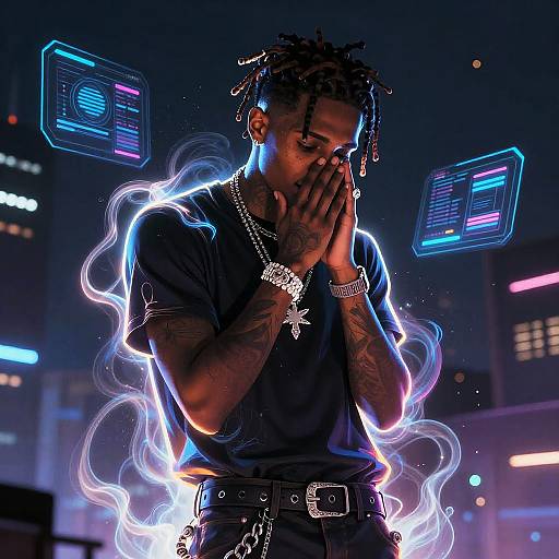 Photograph of a black man with dreadlocks, wearing a black t-shirt, chain necklaces, and tattoos, illuminated by neon blue and purple lights