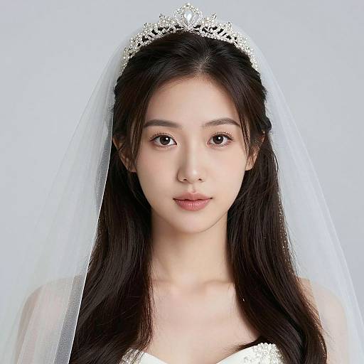 Photograph of an East Asian bride with long black hair, fair skin, and brown eyes, wearing a white lace tiara and veil, against a