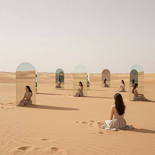 Photograph of a desert scene with six women seated, facing mirrored arches, reflecting their images, on golden sand under a clear sky.
