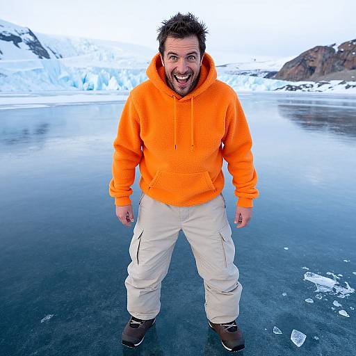Photograph of a smiling man with spiky hair in an orange hoodie and beige pants, standing on a frozen, icy landscape with snowy mountains in the