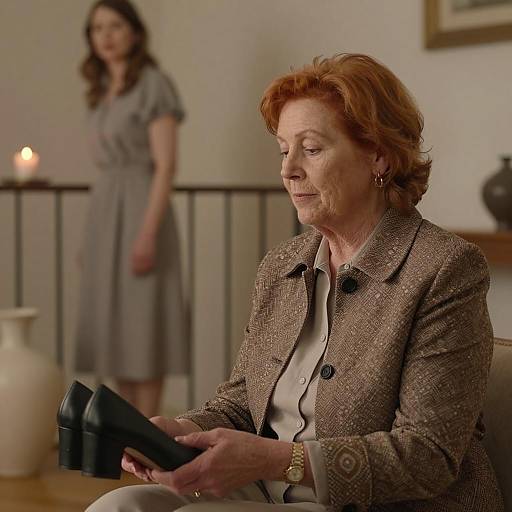 Middle-aged woman holding black shoes indoors