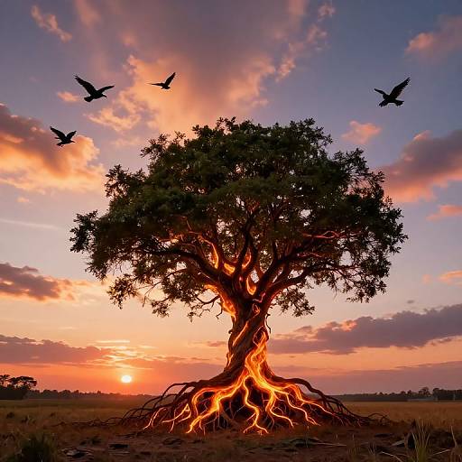 Photograph of a silhouetted tree with glowing, fiery roots against a vibrant sunset sky, with three birds flying overhead.