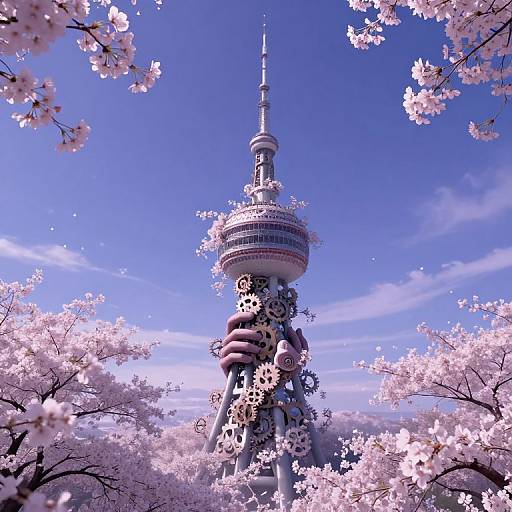 Surreal Tower with Cherry Blossom Vines