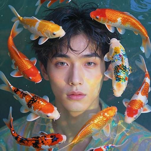 Photograph of an Asian man with wet black hair surrounded by vibrant orange and white koi fish, underwater, wearing a colorful shirt.