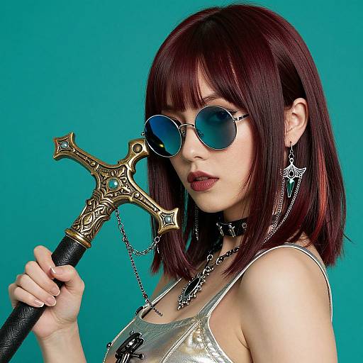 Photograph of an Asian woman with straight, dark red hair, wearing blue aviator sunglasses, gothic earrings, silver tank top, and holding an
