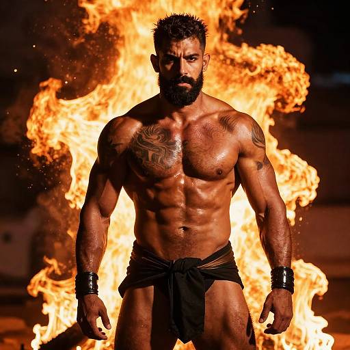 Fiery Portrait of Muscular Bearded Man