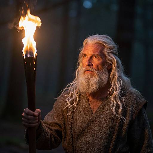 Photograph of an older man with long white hair and beard, holding a flaming torch in a dark forest, wearing a brown textured robe.
