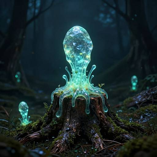 Glowing, translucent jelly-like creature emerging from a moss-covered tree stump in a dark, mystical forest, with faint, similar creatures in the background
