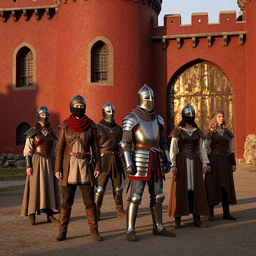 Medieval Warriors in Front of Red Stone Castle