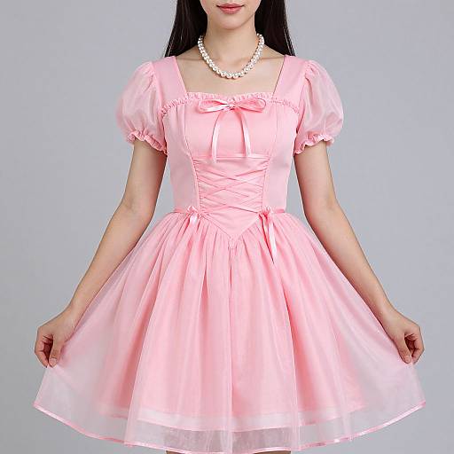Photograph of a woman wearing a pink, short-sleeved, square-neck, bow-tied, puffed-sleeve dress with a sheer