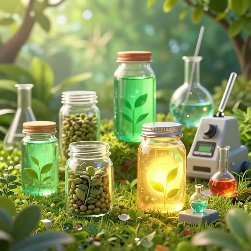 Photograph of glowing glass jars with green and yellow plants, surrounded by science equipment, on a sunlit forest floor.