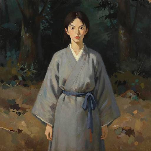 Painting of a young Asian woman with long black hair, wearing a blue kimono, standing in a dark, forested background.