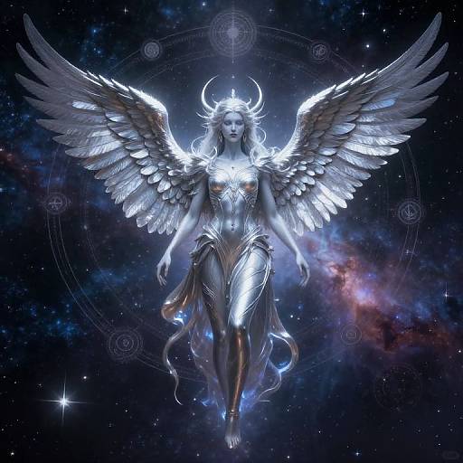 Digital artwork of a silver-winged angelic woman with glowing horns, flowing silver dress, and ethereal light, floating in a starry, cosmic