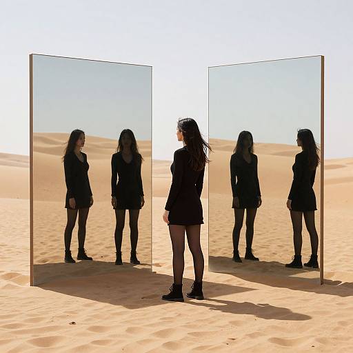 Photograph of a woman with long dark hair, wearing a black outfit and boots, standing in a desert, reflected in two tall, vertical mirrors,