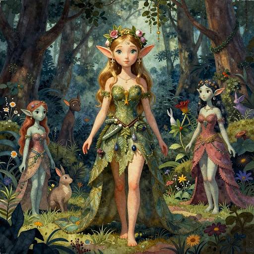 Digital fantasy artwork of three elf women in forest, wearing floral and leafy dresses, surrounded by flowers and a rabbit.