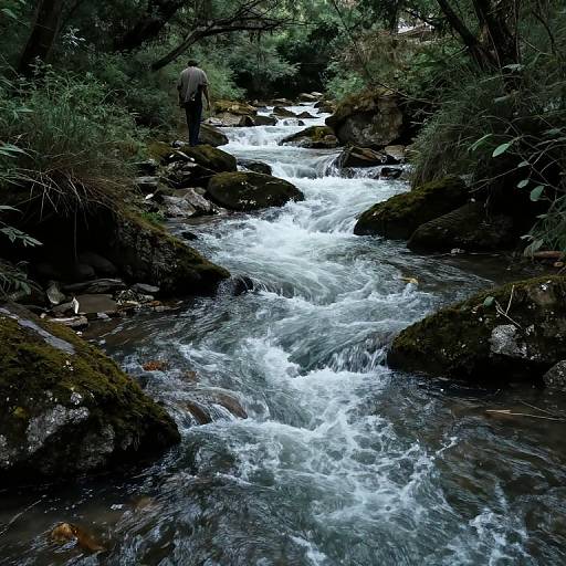 Photograph of a forest stream with white, rushing water over dark rocks. A person in a gray shirt stands on the left, partially obscured by trees