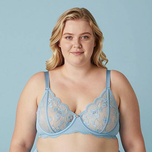 Plus-Size Woman in Light Blue Lace Bra