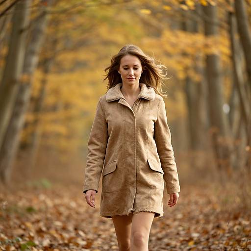 Serene Woman Walking in Autumn Forest