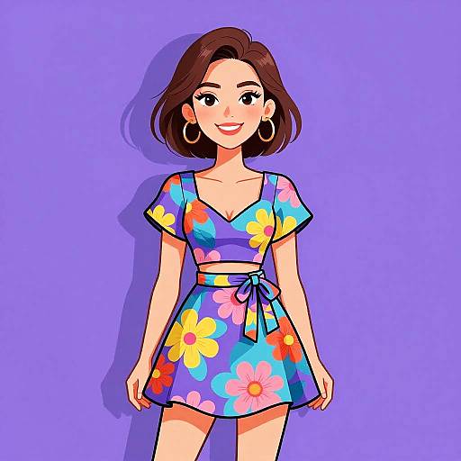 Digital illustration of a smiling woman with brown hair, wearing a colorful floral dress with yellow, pink, and blue flowers, and large hoop earrings, against