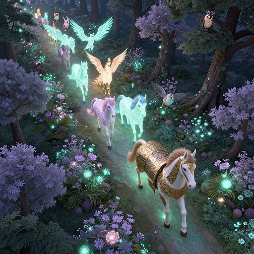 Digital fantasy artwork of glowing, ethereal unicorns with wings and a golden-maned horse, walking through a magical, luminescent forest of purple