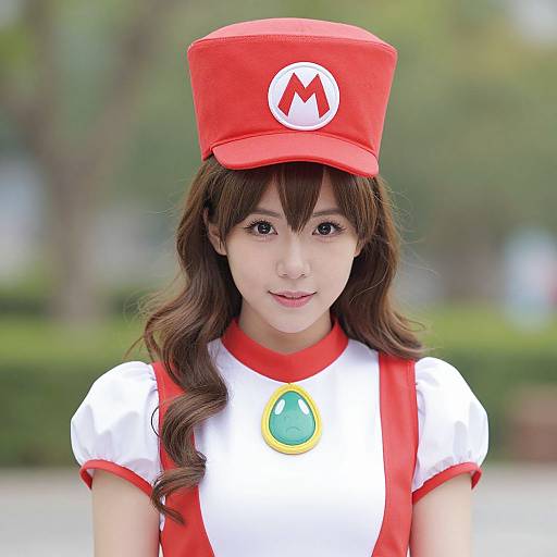 Photograph of an Asian woman with long brown hair, wearing a red Mario hat, white shirt with red trim, and green pendant, standing outdoors with