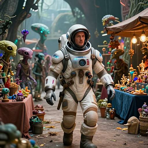 Photorealistic CGI: Astronaut in white spacesuit walks through colorful, alien-themed market with bizarre creatures, glowing decorations, and stalls.