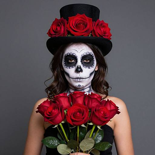 Photograph of woman in black dress, white sugar skull face paint, black top hat, red roses, gray background, holding additional roses.
