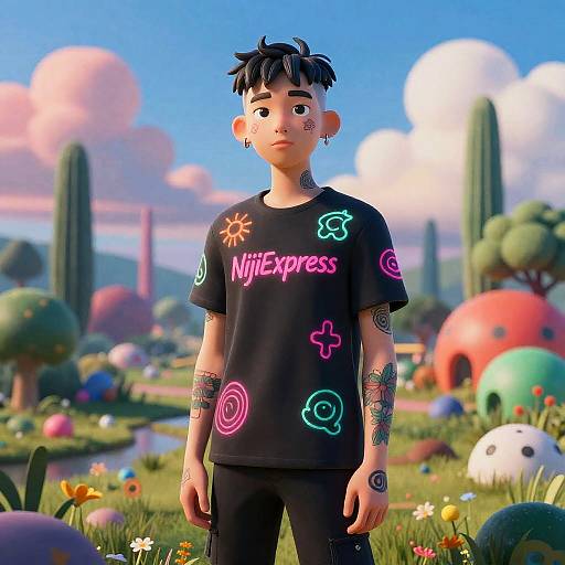 Neon-Tattooed Nonbinary in Surreal Landscape