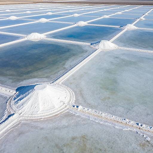 Aerial photograph of a salt flat with white, grid-like salt lines intersecting a blue and gray, textured salt surface.