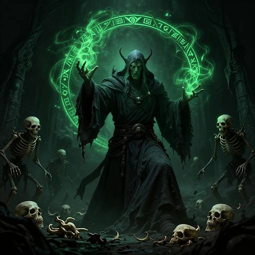 Digital artwork of a dark, horned sorcerer casting a glowing green magic circle, surrounded by skulls and skeletal figures in a dark, eerie cave.