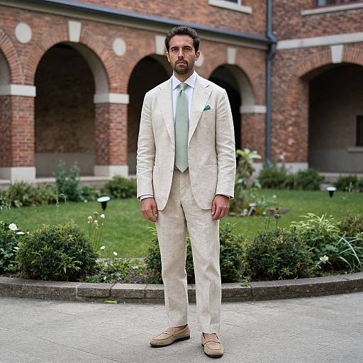 Photograph of a bearded man in a cream suit, white shirt, light green tie, and tan loafers, standing in front of a red