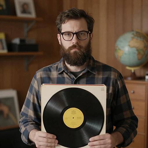 Serious Bearded Man with Vinyl Collection