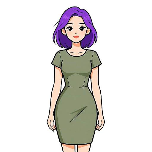 Digital anime-style drawing of a smiling woman with purple hair, wearing a green short-sleeved dress, standing against a white background.
